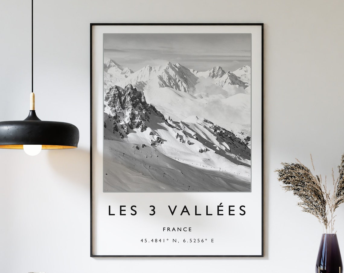 Les 3 Vallees France Black and White Snowy Mountain Ski Art Poster