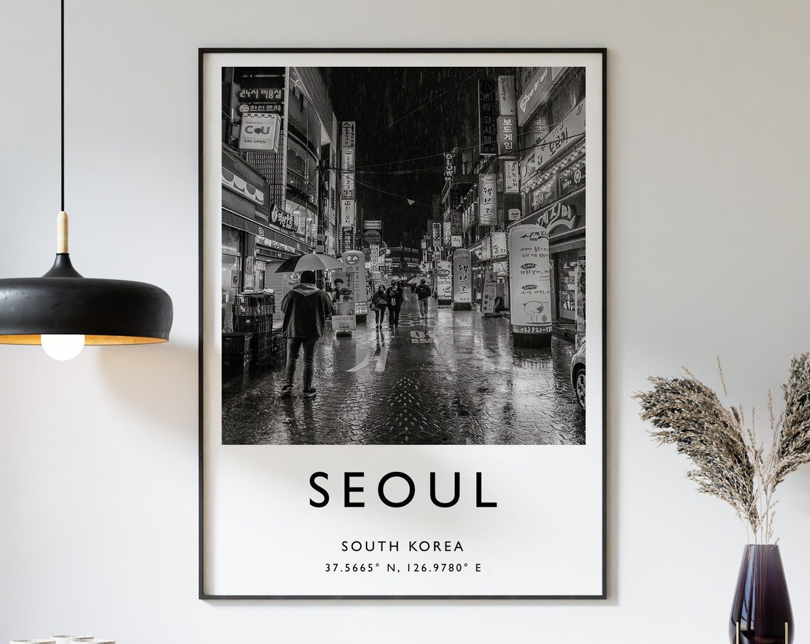 Seoul South Korea Rainy Night Neon Street Black White Photo Poster