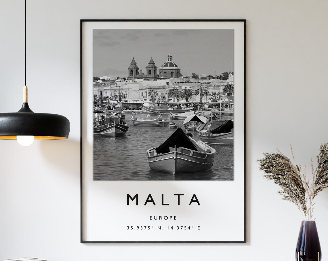Malta Europe Black And White Harbor Fishing Boats Photo Poster
