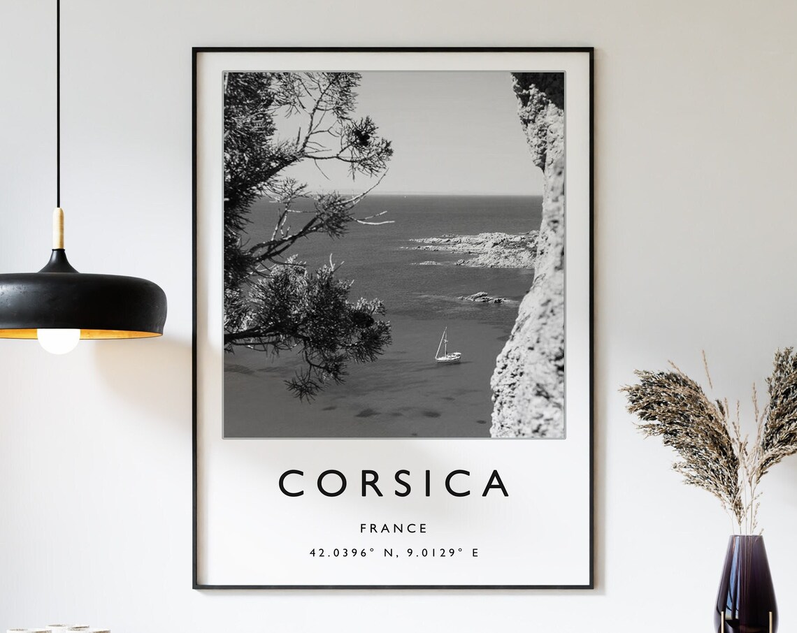 Corsica France Black White Rocky Coast Sailboat Photo Poster