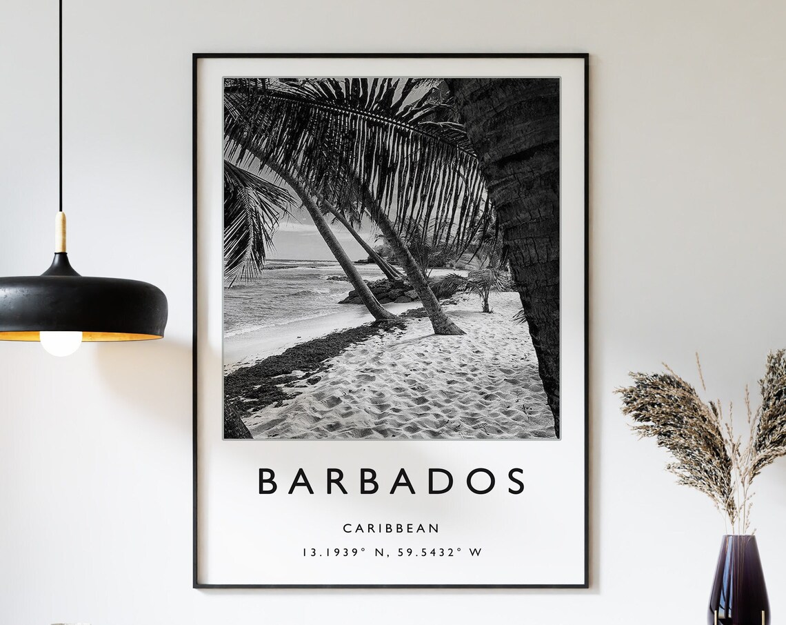 Barbados Travel Poster, Caribbean Black White Art