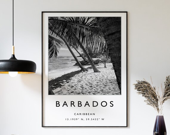 Barbados Travel Poster, Caribbean Black White Art