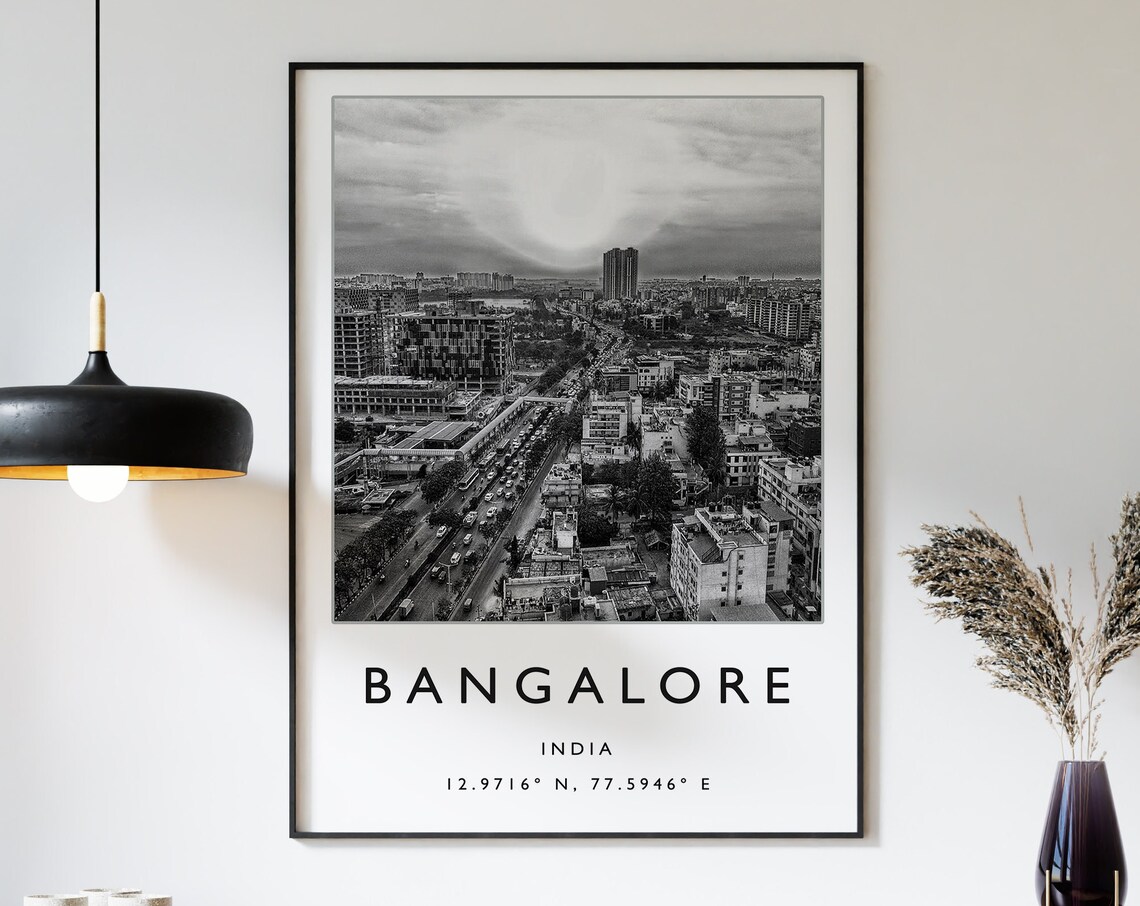 Bangalore India Minimalist Travel Poster, Black White Art