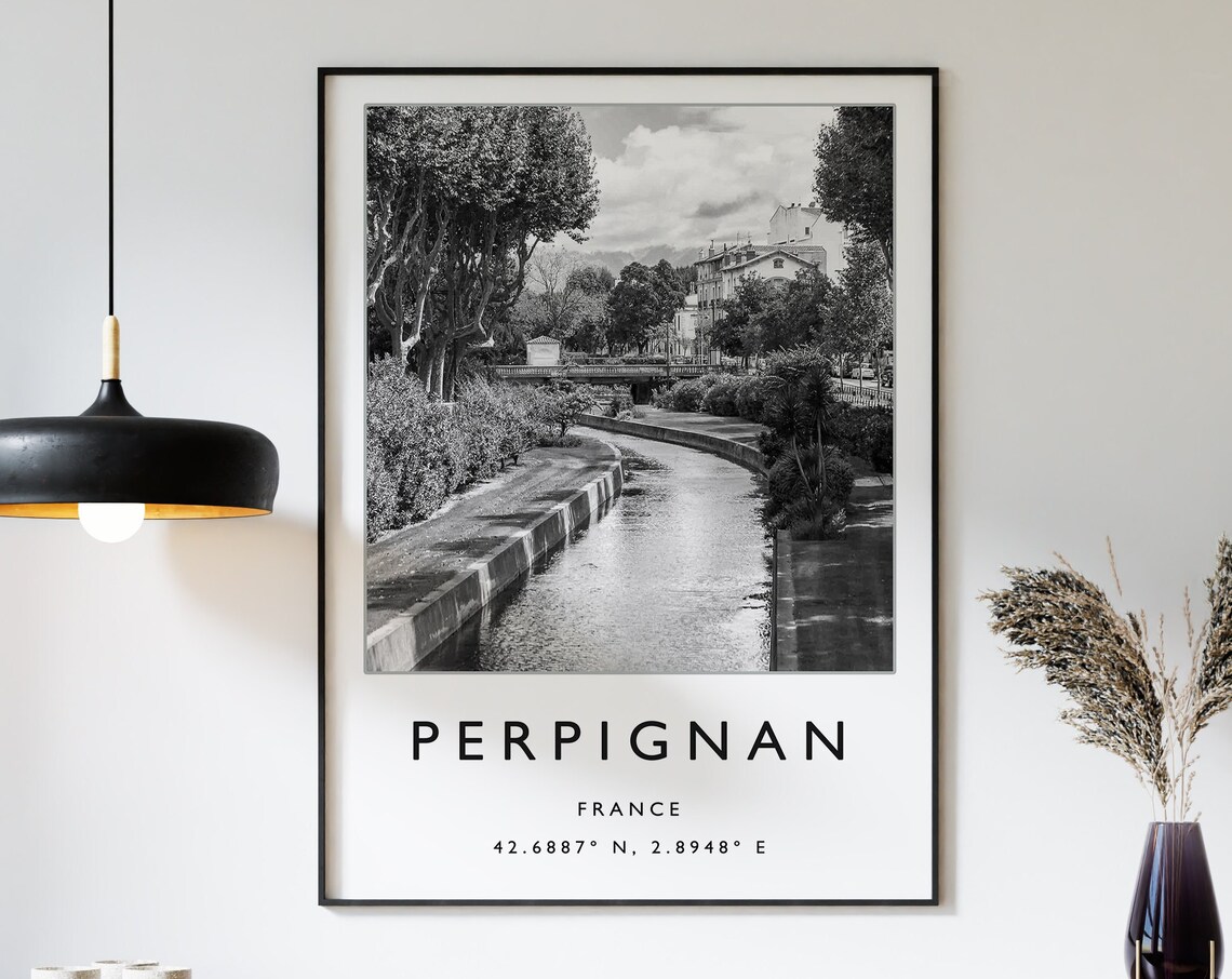 Vintage Perpignan France Black And White Canal Photography Poster