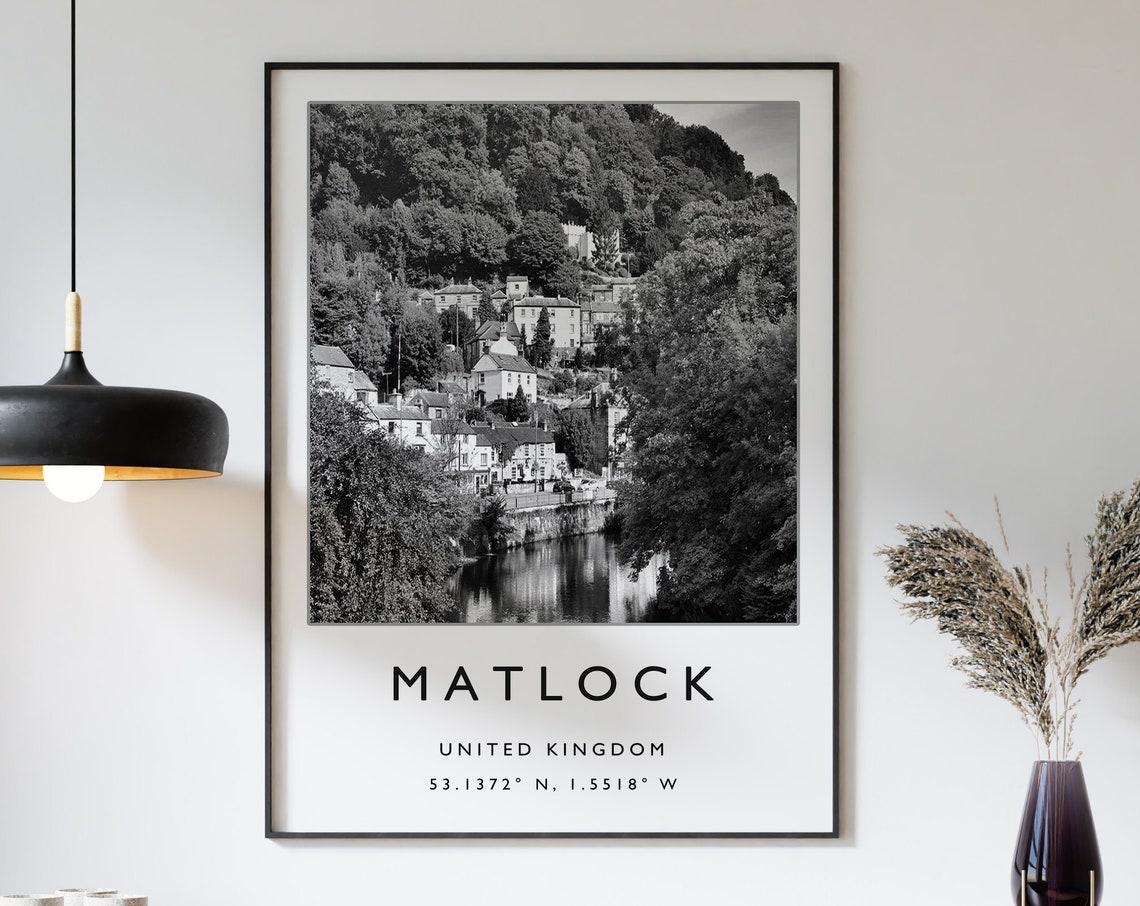 Matlock United Kingdom Black and White Riverside Town Poster