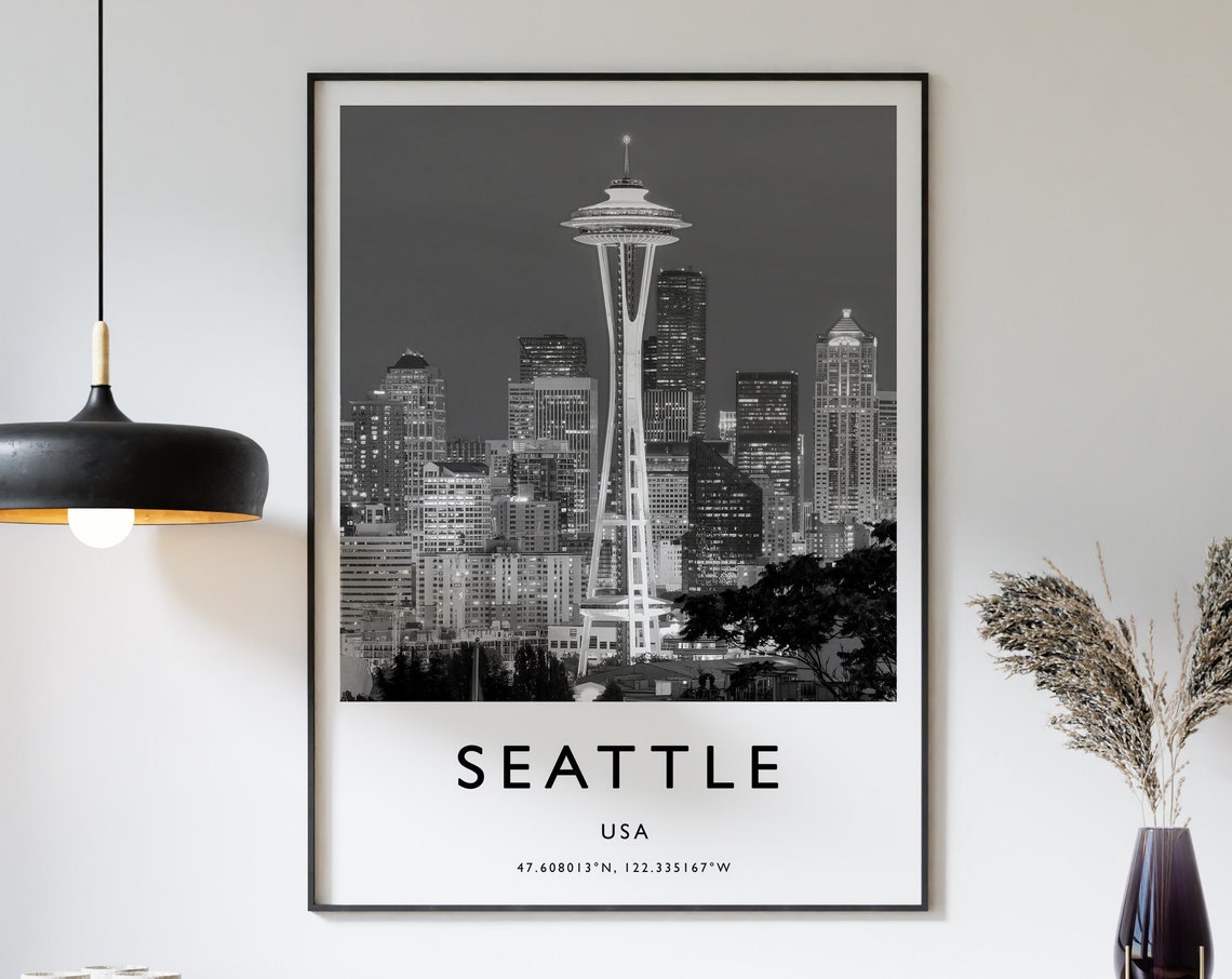 Seattle USA Space Needle Night Skyline Black White Photo Poster