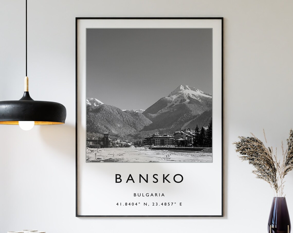 Bansko Bulgaria Ski Resort Mountain Black White Photo Travel Poster