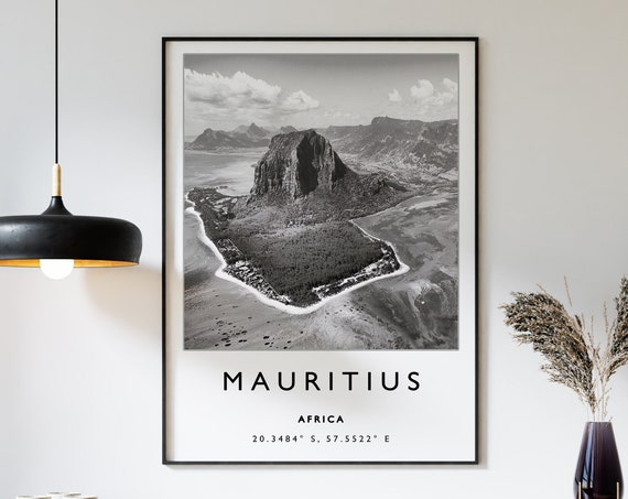 Mauritius Travel Poster, Black and White Beach Print