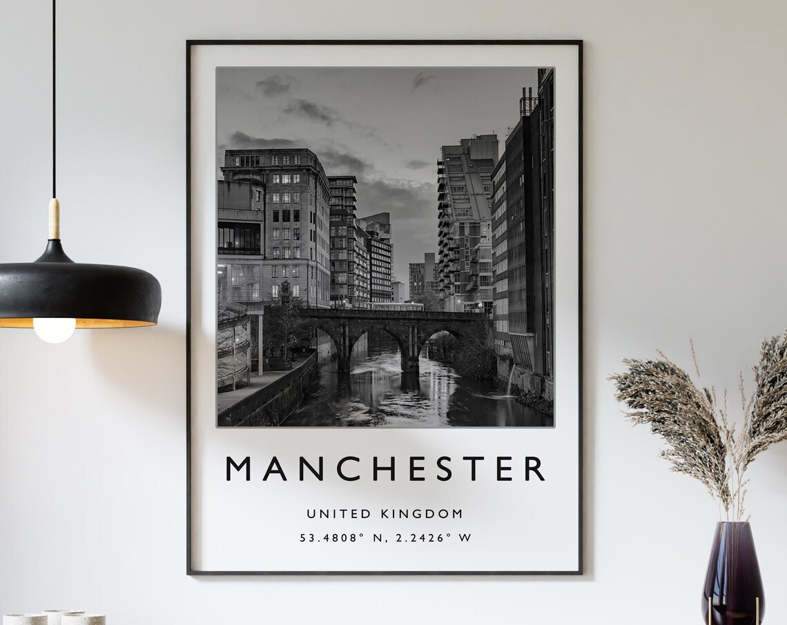 Manchester Travel Poster, Black and White City Art