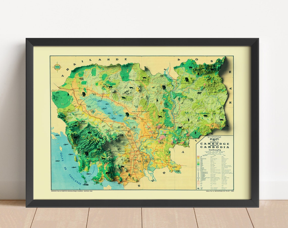 Old Cambodia 1964 Vintage Relief Map Green Topographic Wall Art