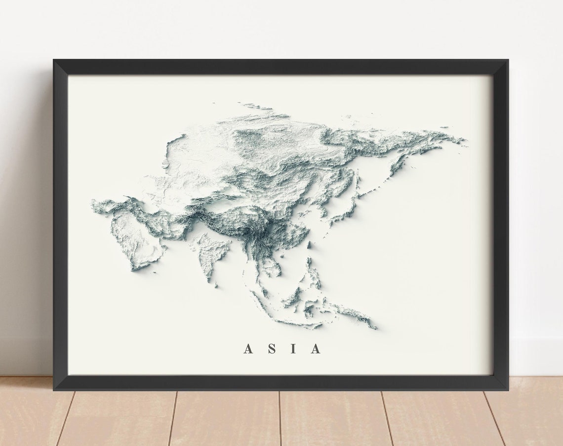 Asia Relief Map Minimalist White 3D Terrain Travel Wall Poster