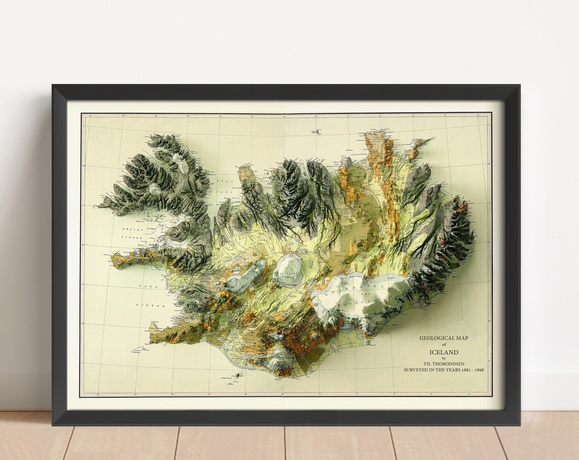 Iceland Thoroddsen 1881 1898 Geological Survey Vintage Relief Poster
