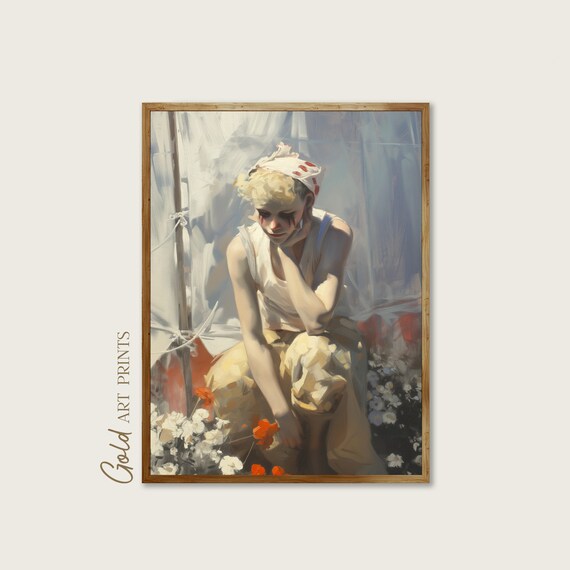 Pensive Pierrot Clown Girl Among Flowers Vintage Circus Art Portrait Poster