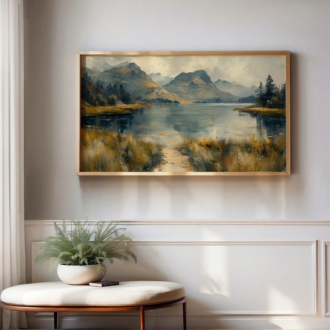 Serene Mountain Lake Path Golden Reeds Reflection Oil Painting Poster - Image 2