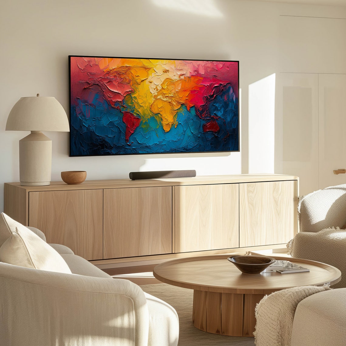 Textured Oil Paint World Map Warm Sunset Continents Blue Ocean Poster - Image 2