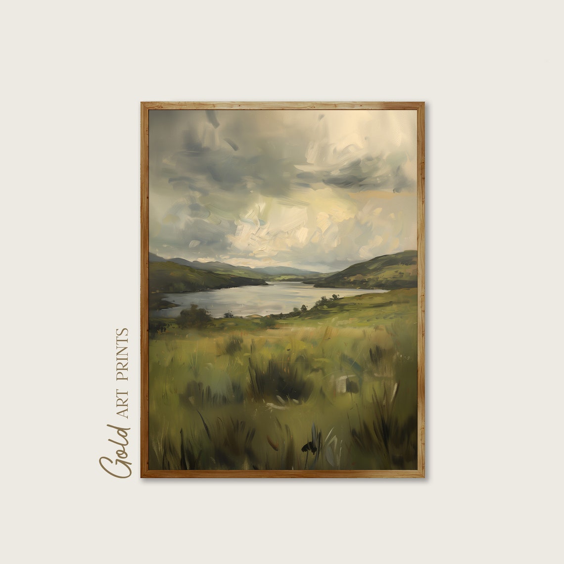 Stormy Sky Lake Valley Meadow Hillside Impressionist Painting Poster