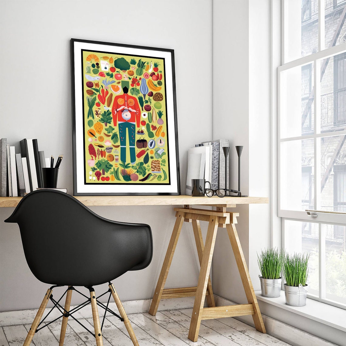 Vegan Chef Surrounded By Produce Colorful Kitchen Illustration Poster - Image 3