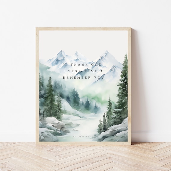 Philippians 13 Mountain Bible Verse Print I Thank God Poster Church Wall Art Christian Home Decor Kitchen Office Bedroom Sign