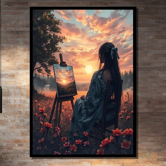 Woman Painting Sunset In Field Of Flowers Framed Or Unframed Art Print For Artistic Bedroom Or Studio Wall Decor