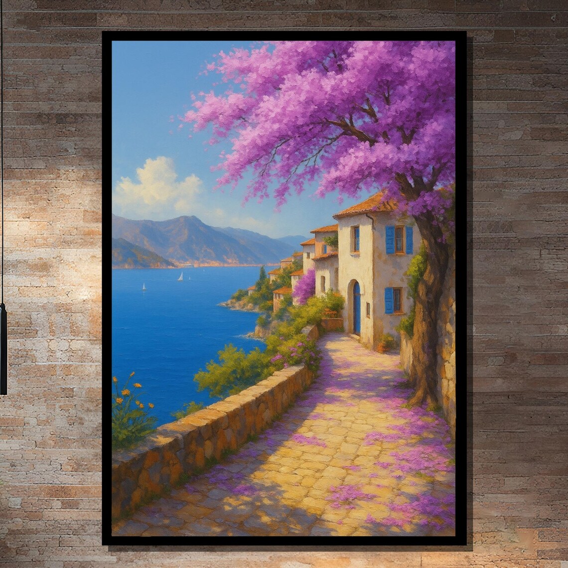Mediterranean Seaside Village, Coastal Landscape Art Print