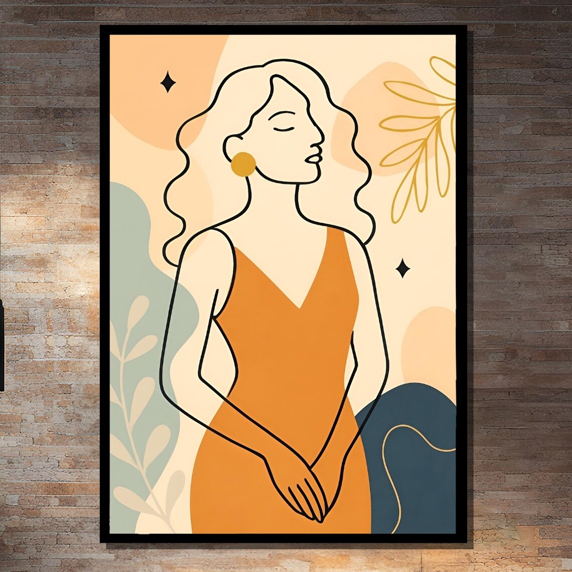 Minimalist Line Art Woman in Orange Dress Boho Abstract Poster
