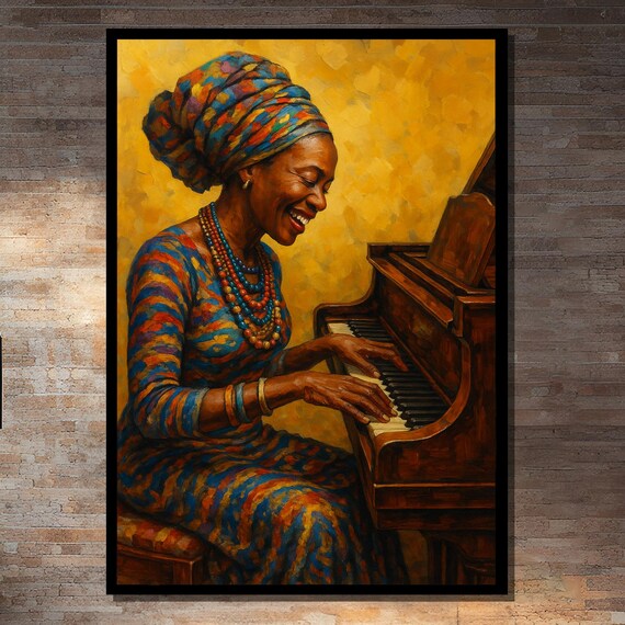 Joyful African Woman Playing Piano, Art Print