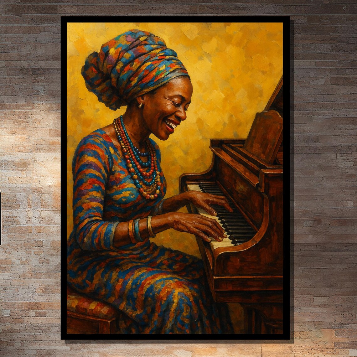 Joyful African Woman Playing Piano, Art Print