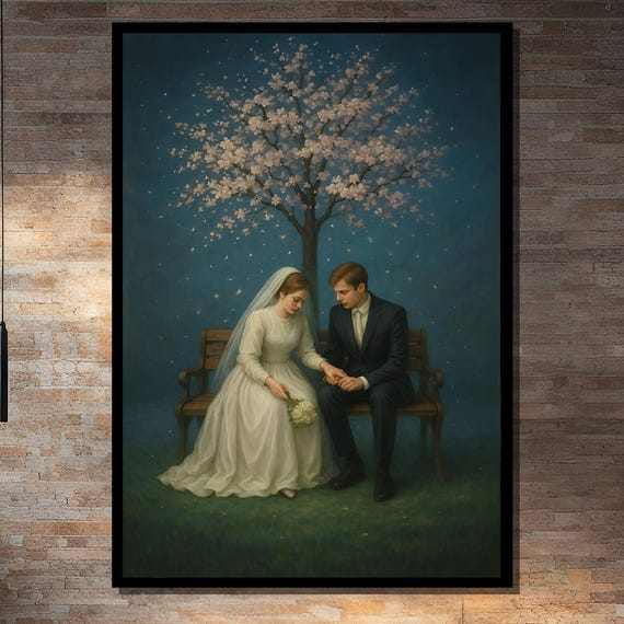 Bride And Groom Under Blossom Tree Framed Or Unframed Art Print For Romantic Bedroom Or Wedding Wall Decor