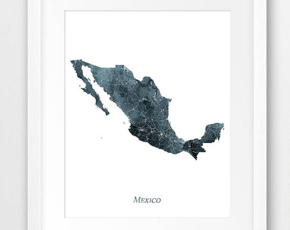 Mexico Map Poster Watercolor Print Wall Art Indigo Grey Home Decor Travel