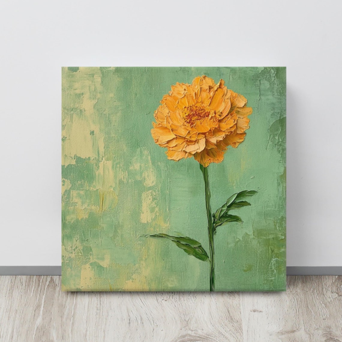 Golden Yellow Marigold Textured Green Background Floral Art Poster
