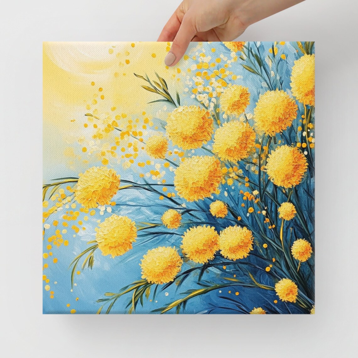 Yellow Mimosa Blossom Balls Blue Sky Impressionist Painting Poster