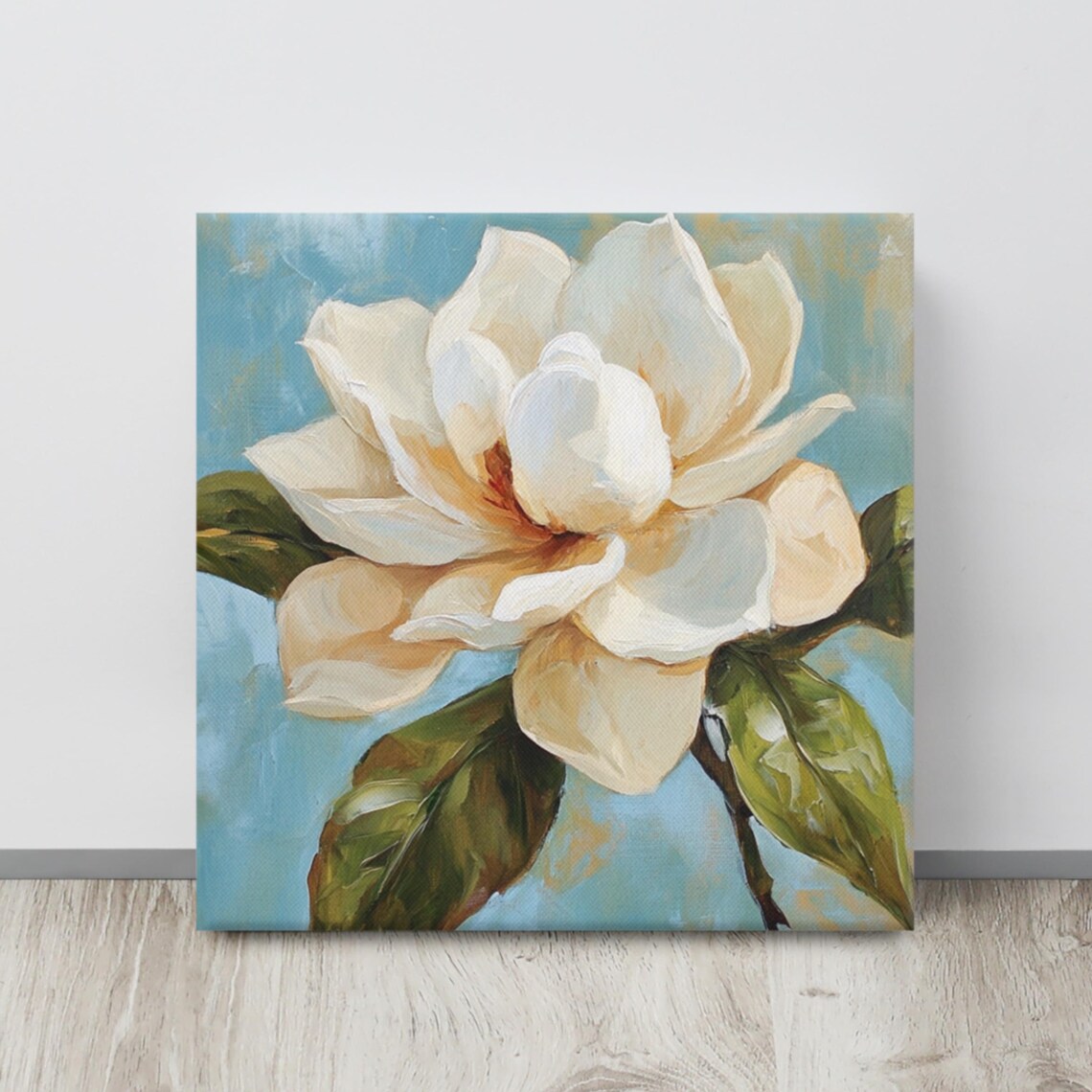 White Gardenia Bloom Green Leaves Sky Blue Floral Painting Print