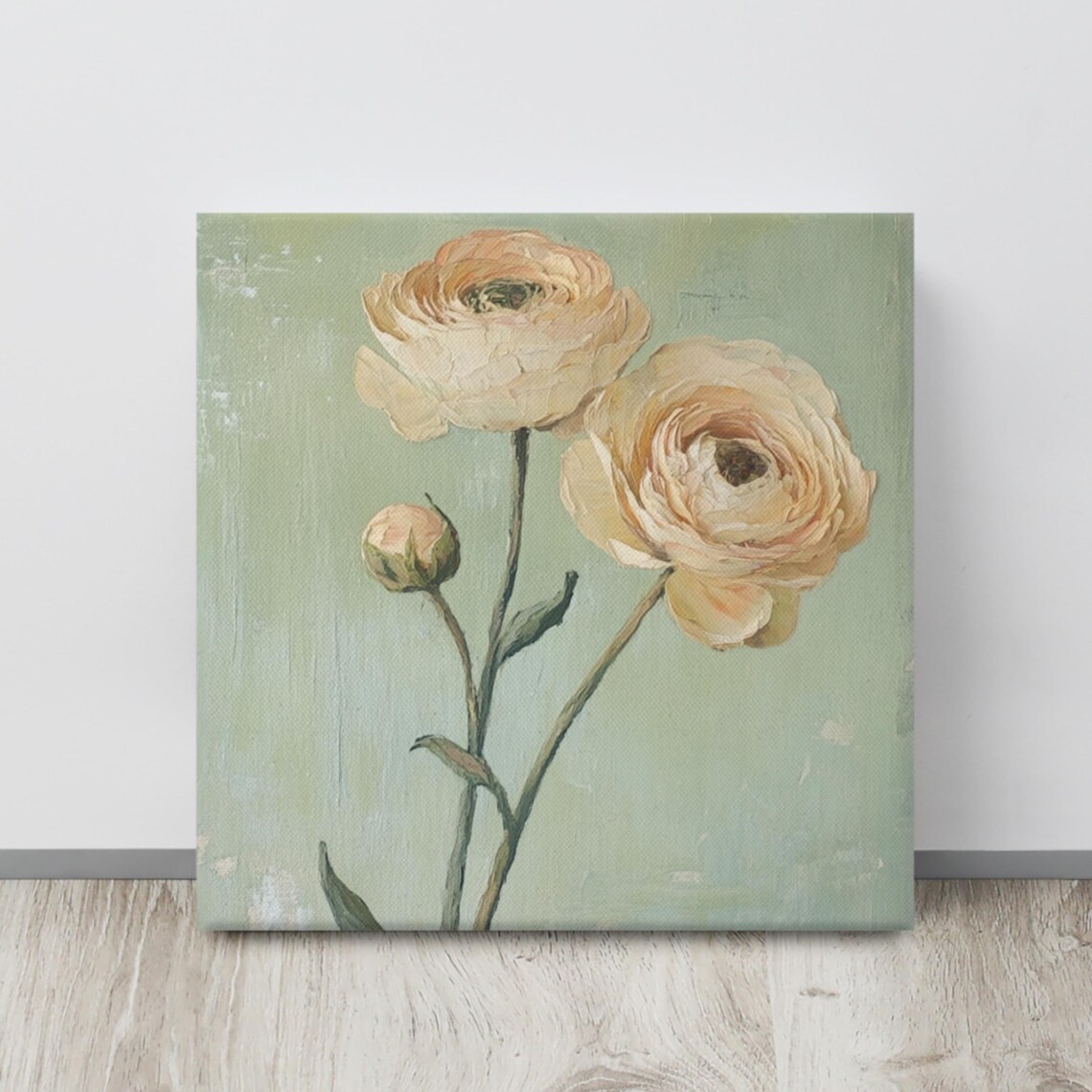 Ivory Ranunculus Two Blooms Sage Green Vintage Floral Art Poster