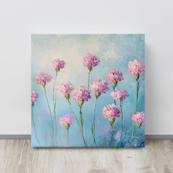 Pink Sea Thrift Flowers Dreamy Blue Sky Painting Print Poster