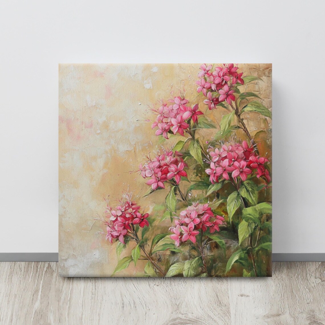 Pink Pentas Flower Clusters Warm Beige Floral Painting Wall Art