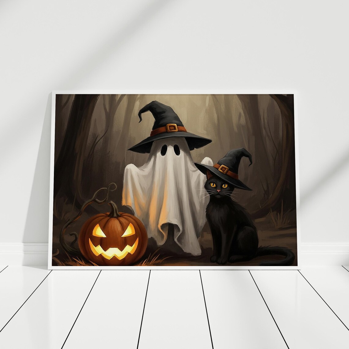 Halloween Black Cat In Dark Forest, Vintage Poster