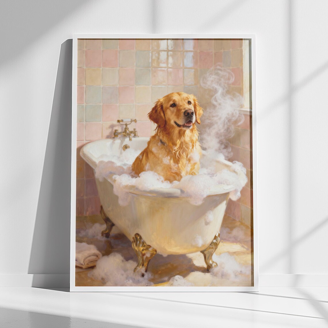 Golden Retriever in Bubble Bath Adorable Bathroom Puppy Poster