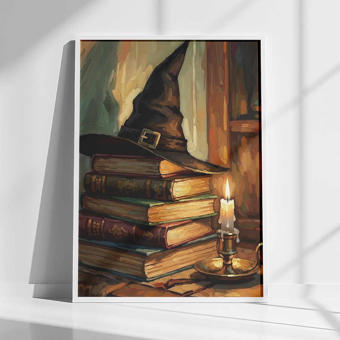 Witch Hat on Old Books Candle Light Cozy Witchy Oil Painting Poster