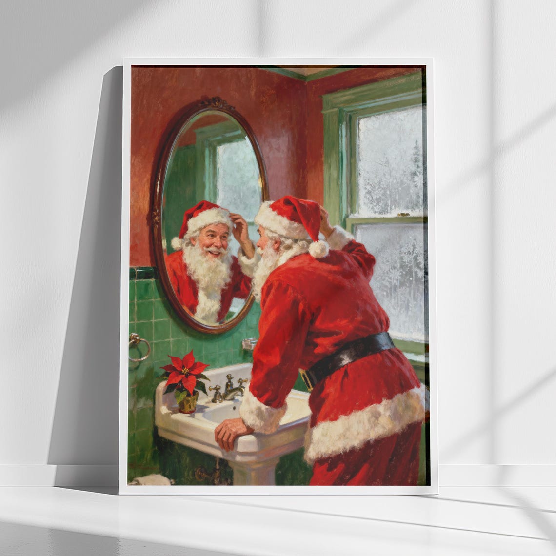 Santa Claus Adjusting Hat in Bathroom Mirror Vintage Christmas Poster