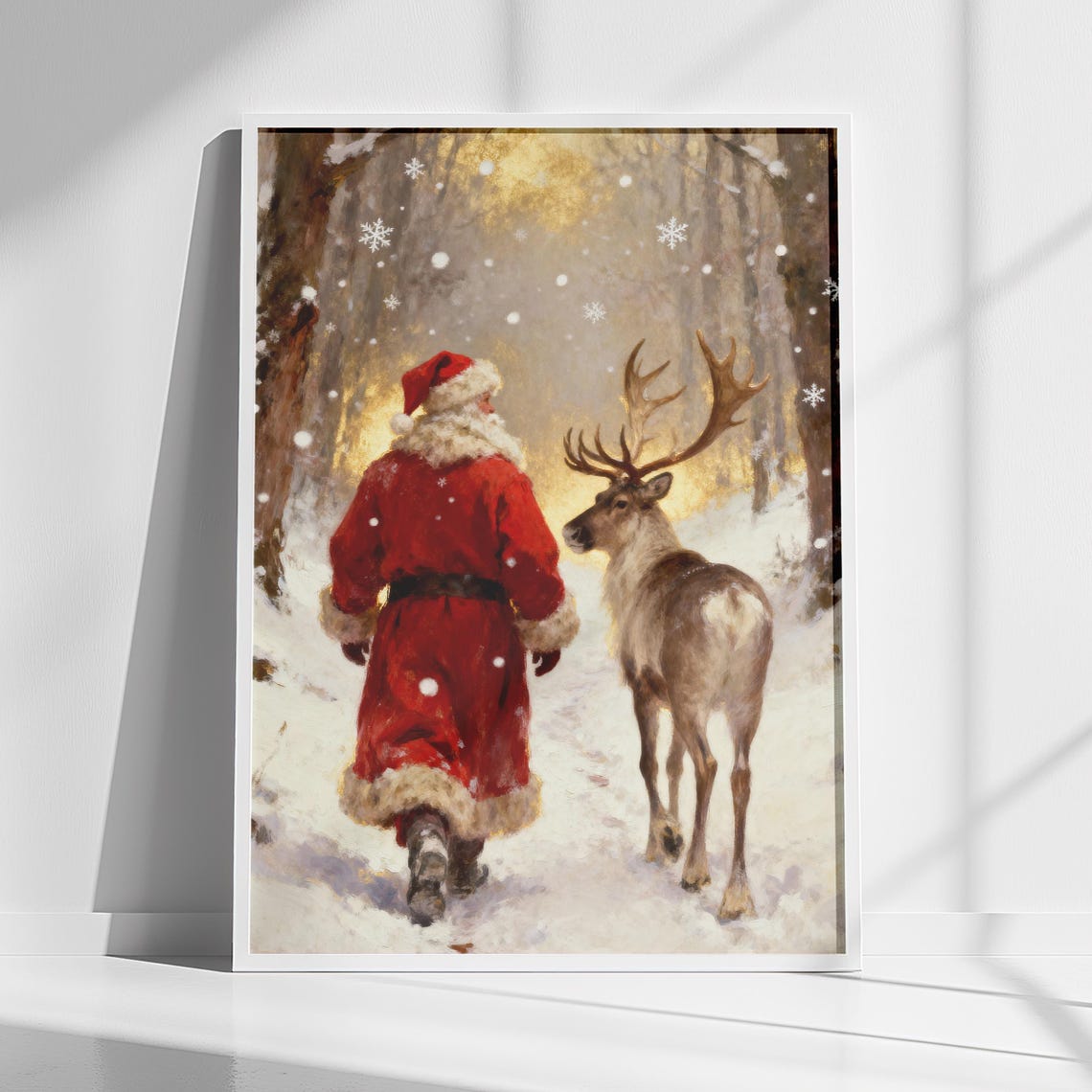 Santa Claus Reindeer Snowy Forest Golden Light Christmas Poster