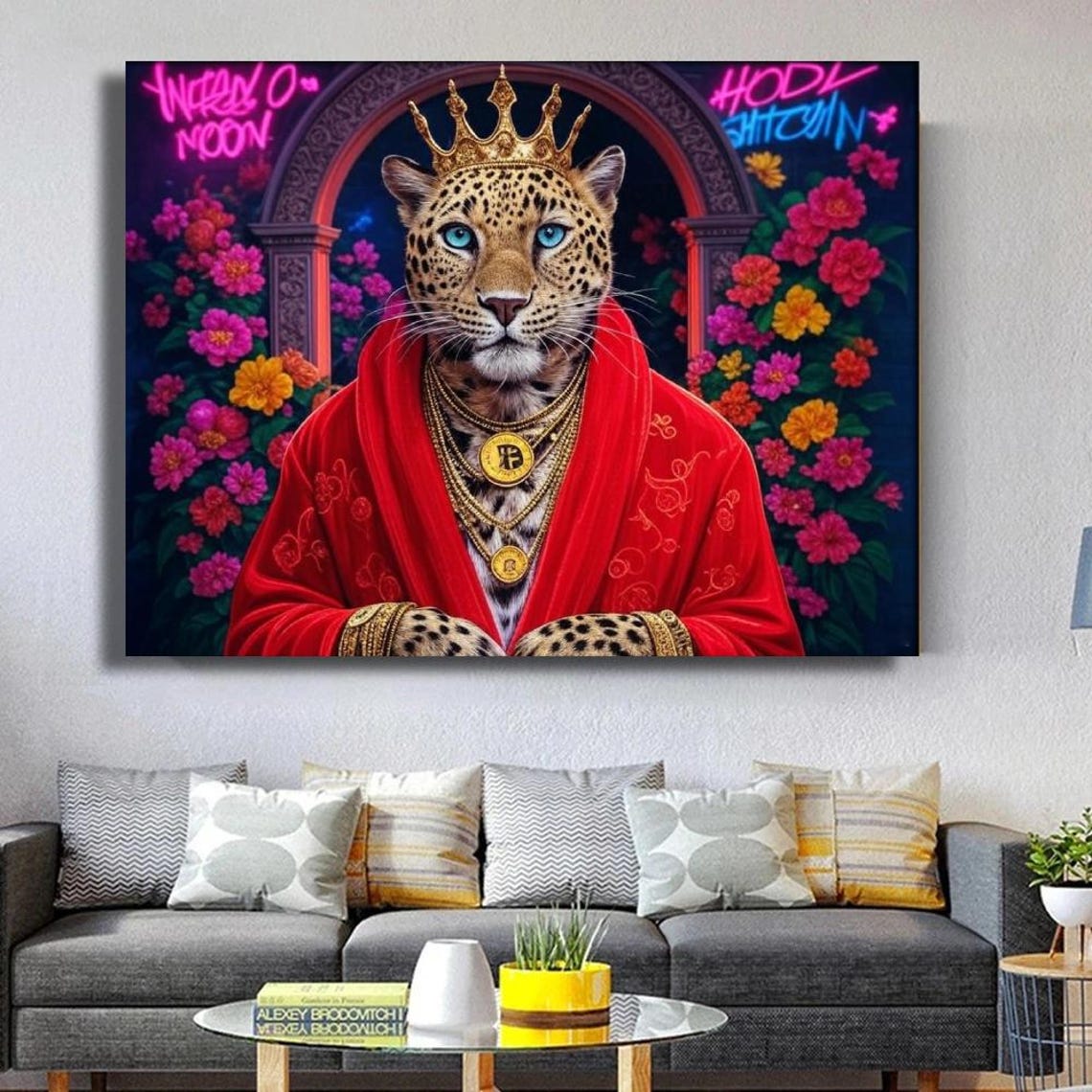 Crowned Leopard With Bitcoin Chains Neon Graffiti Pop Art Poster