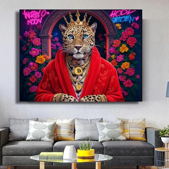 Crowned Leopard With Bitcoin Chains Neon Graffiti Pop Art Poster