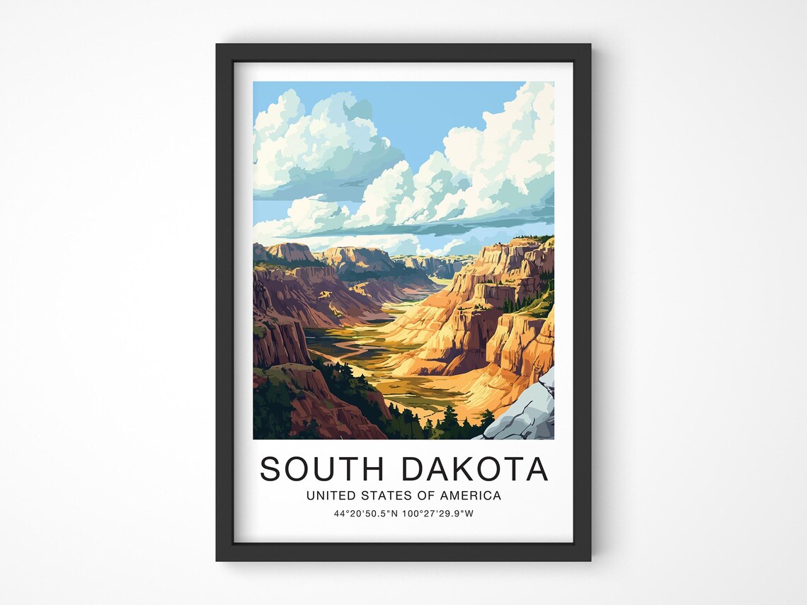 South Dakota USA Travel Poster Orange Canyon Buttes Prairie Sky Art