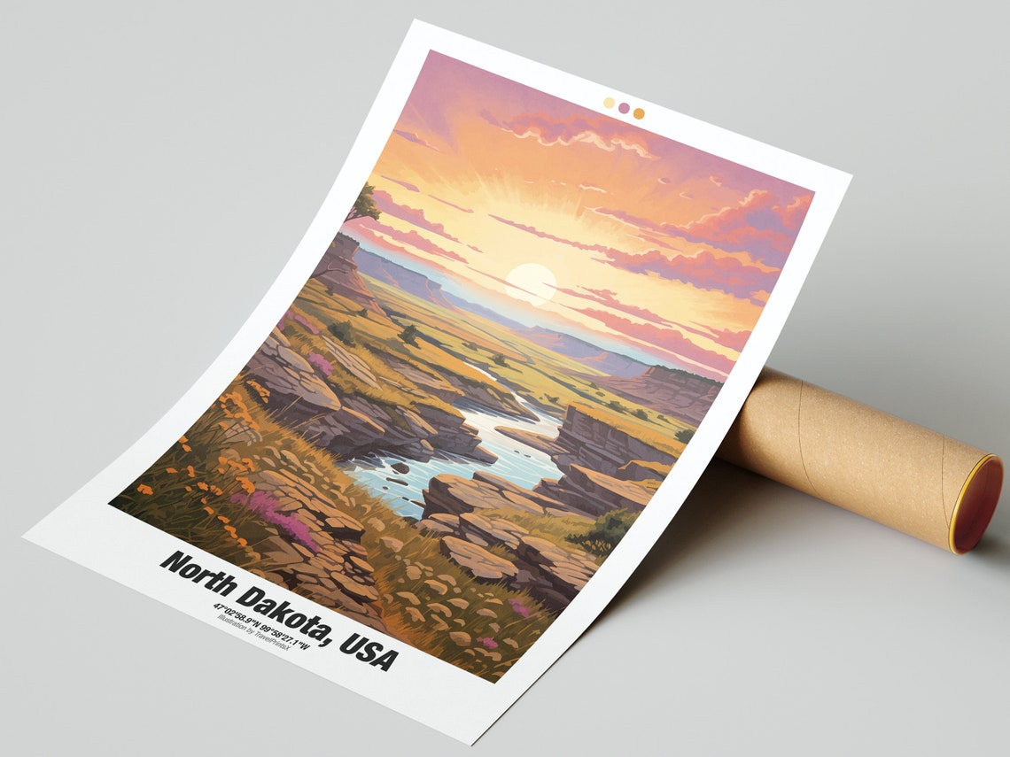 North Dakota USA Poster Sunset River Valley Buttes Prairie Artwork - Image 2