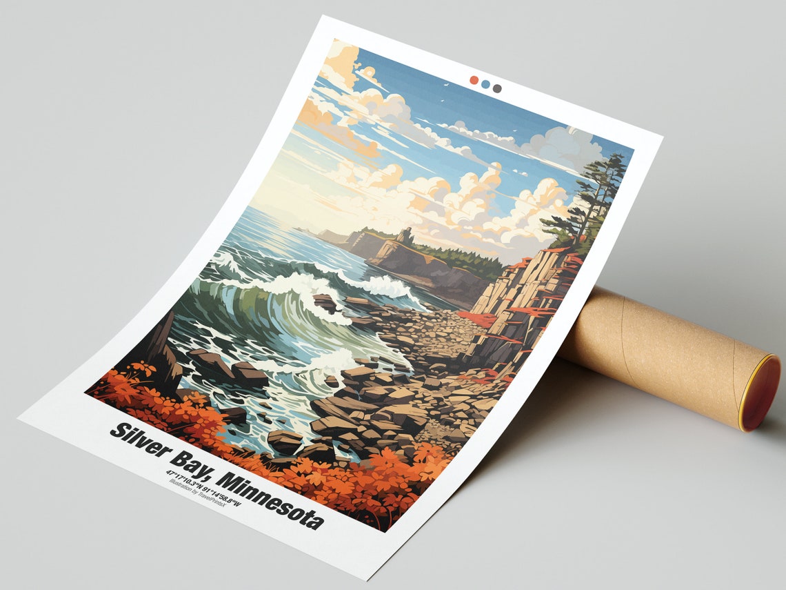 Silver Bay Minnesota Poster Rocky Shore Waves Autumn Foliage Art - Image 3