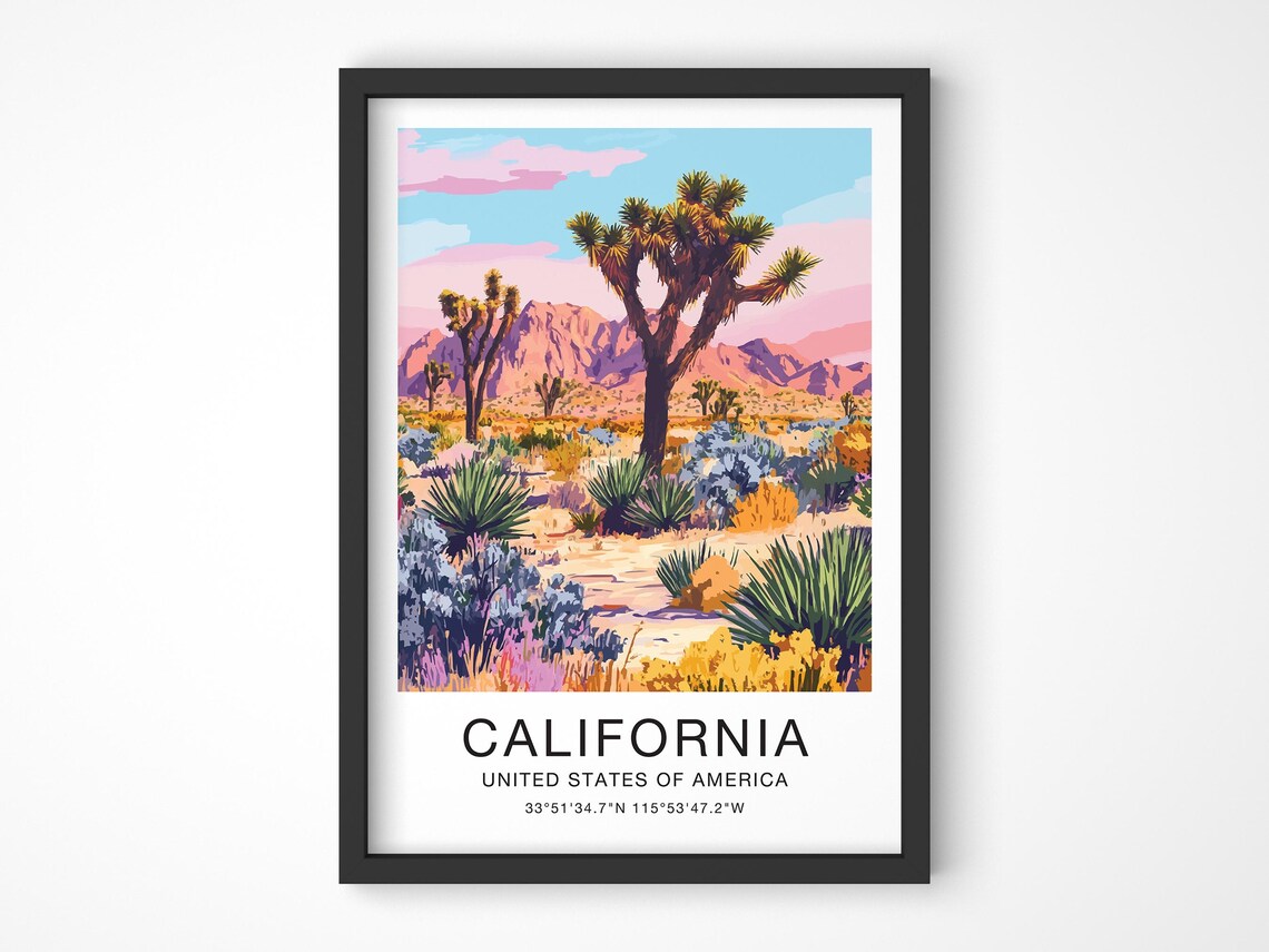 California Joshua Tree Travel Poster Desert Sunset Illustration Art