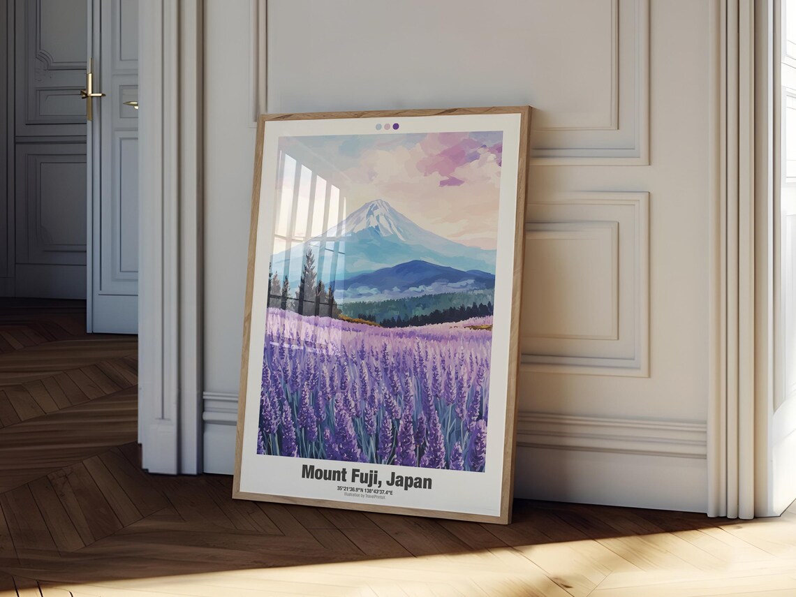 Mount Fuji Japan Travel Poster Lavender Field Sunset Illustration Art - Image 2