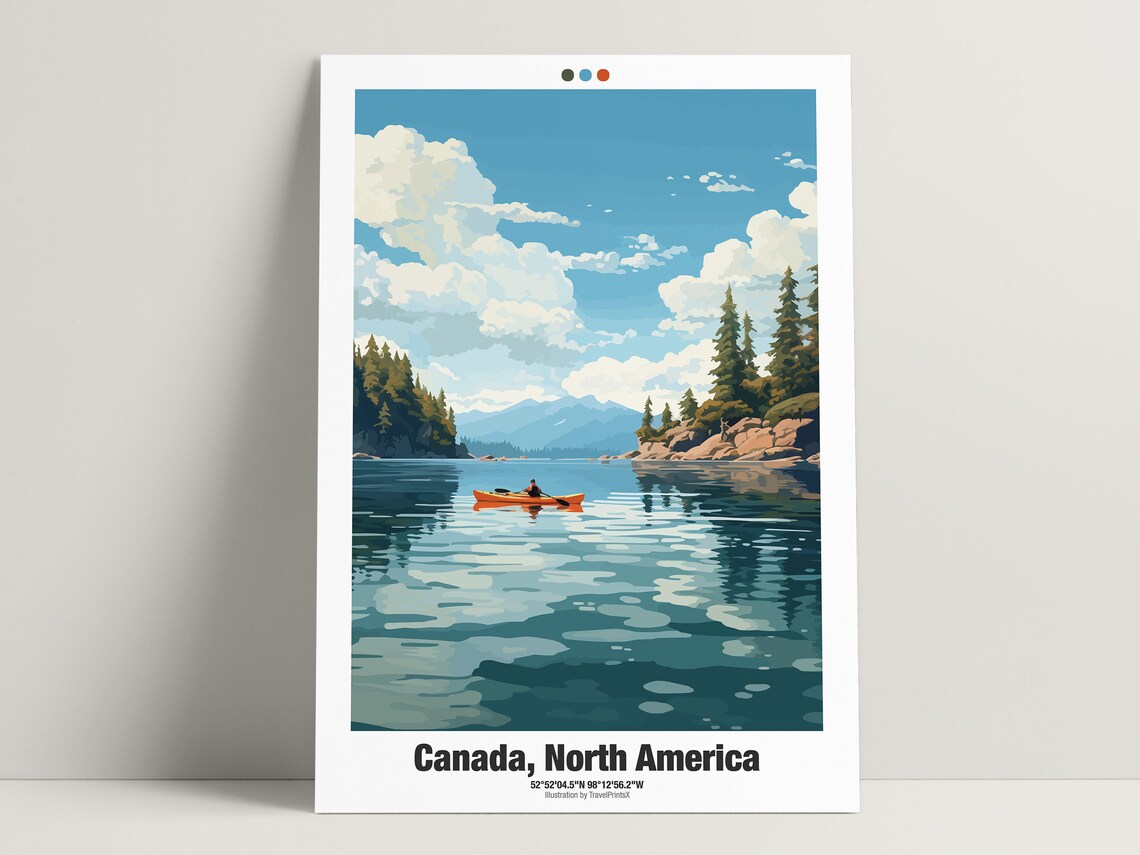 Canada Kayak Lake Pine Islands Mountains Calm Water Travel Poster - Image 3