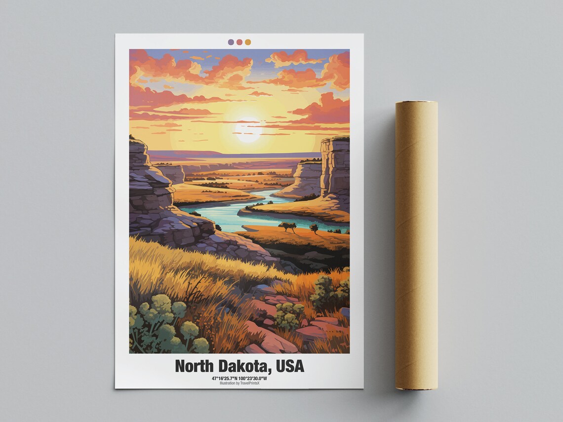 North Dakota Sunset Badlands Canyon Bison Nature Travel Poster