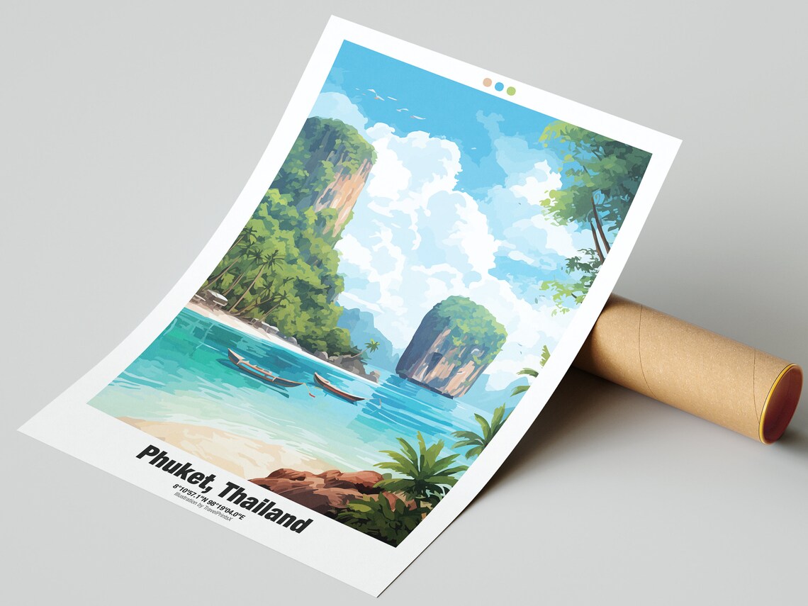Phuket Thailand Limestone Karst Beach Boats Island Bay Travel Poster - Image 2